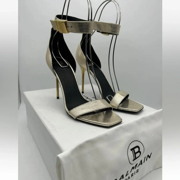 Balmain Uma Lizard-Embossed Leather Sandals Gold Women’s EU 37.5 New In box - Picture 1 of 16